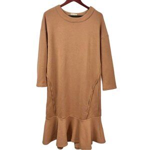 We Fashion Camel Tan Super Fleece Flutter HeSweatshirt Midi Dress Size M/L